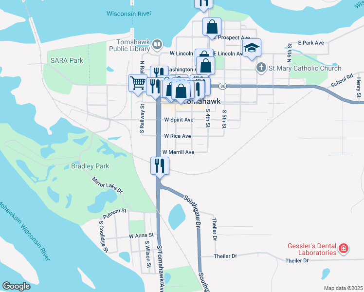 map of restaurants, bars, coffee shops, grocery stores, and more near 118 West Merrill Avenue in Tomahawk
