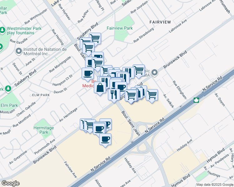 map of restaurants, bars, coffee shops, grocery stores, and more near in Pointe-Claire