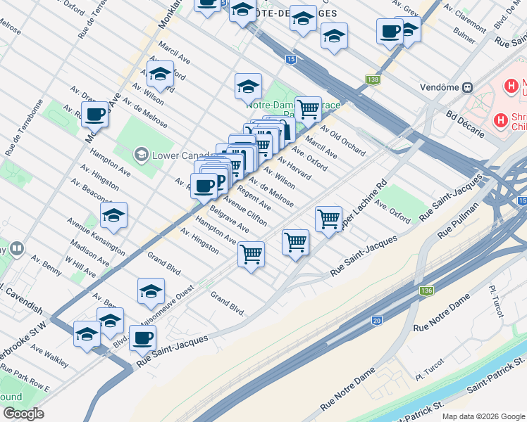 map of restaurants, bars, coffee shops, grocery stores, and more near 2262 Avenue Regent in Montréal