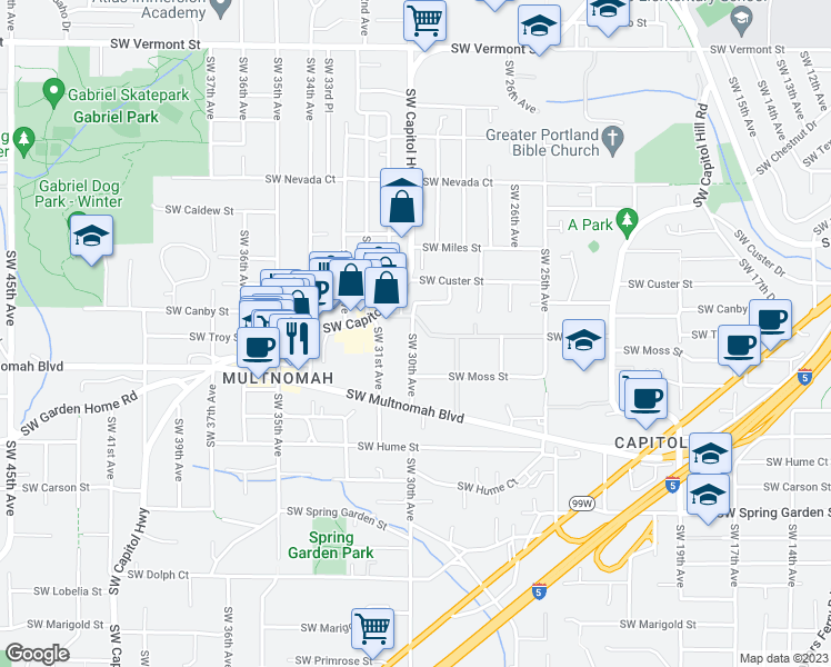map of restaurants, bars, coffee shops, grocery stores, and more near 7806 Southwest 30th Avenue in Portland