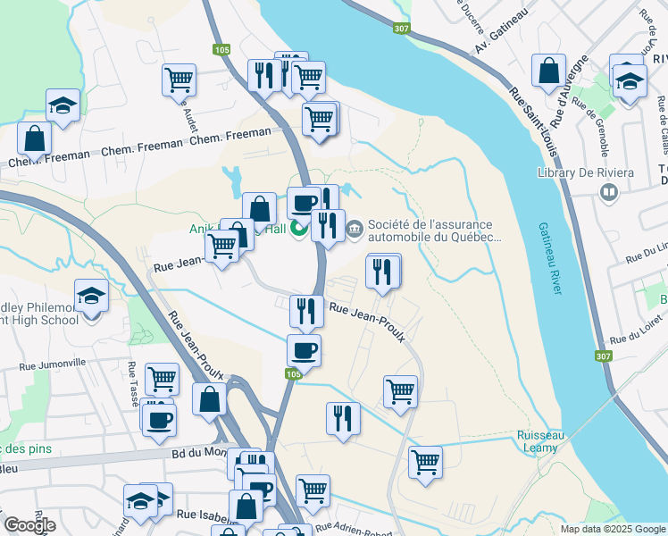 map of restaurants, bars, coffee shops, grocery stores, and more near 1020 Boulevard Saint-Joseph in Gatineau
