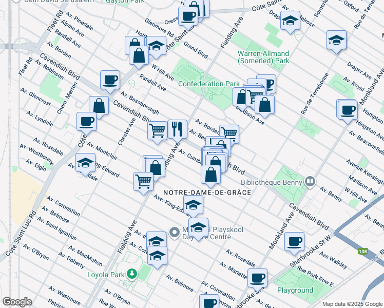 map of restaurants, bars, coffee shops, grocery stores, and more near 4915 Avenue Cumberland in Montréal