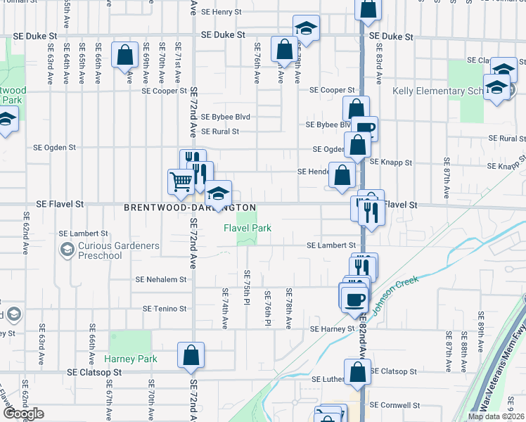 map of restaurants, bars, coffee shops, grocery stores, and more near 7606 Southeast Flavel Street in Portland
