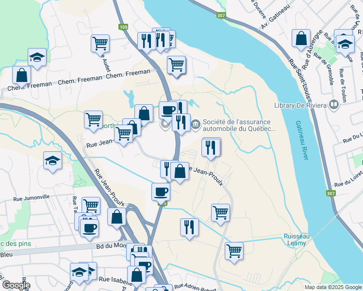 map of restaurants, bars, coffee shops, grocery stores, and more near 1020 Boulevard Saint-Joseph in Gatineau