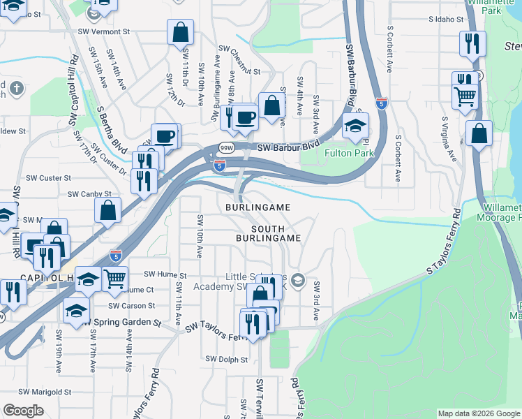 map of restaurants, bars, coffee shops, grocery stores, and more near 7776 Southwest 5th Avenue in Portland