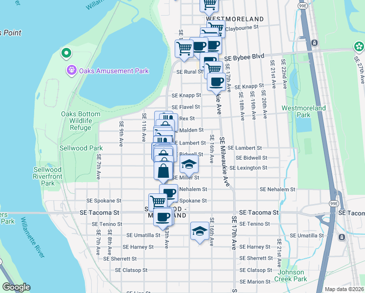 map of restaurants, bars, coffee shops, grocery stores, and more near 1414 Southeast Lambert Street in Portland