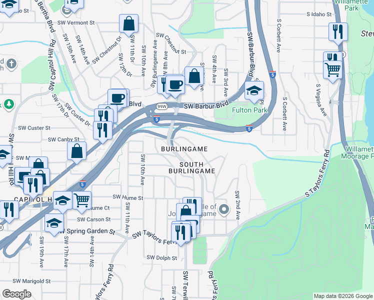 map of restaurants, bars, coffee shops, grocery stores, and more near 7804 Southwest Terwilliger Boulevard in Portland