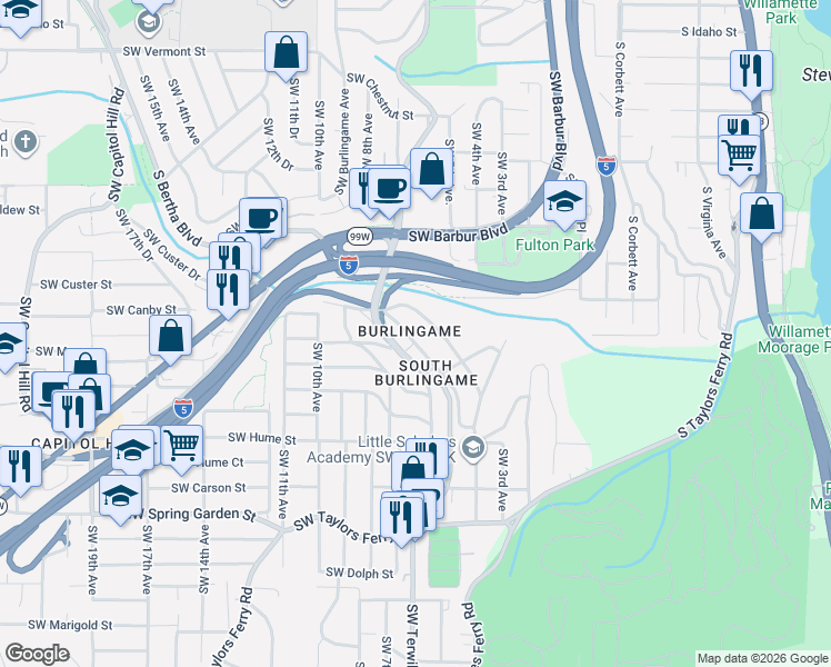 map of restaurants, bars, coffee shops, grocery stores, and more near 7776 Southwest 5th Avenue in Portland