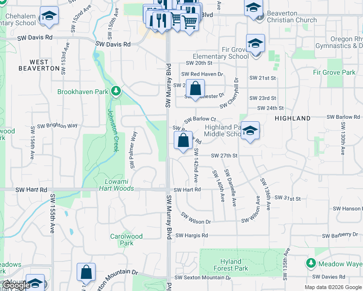 map of restaurants, bars, coffee shops, grocery stores, and more near 7146 Southwest Murray Boulevard in Beaverton