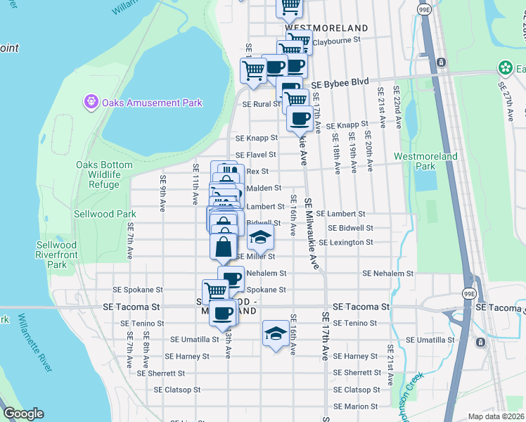 map of restaurants, bars, coffee shops, grocery stores, and more near 7810 Southeast 15th Avenue in Portland