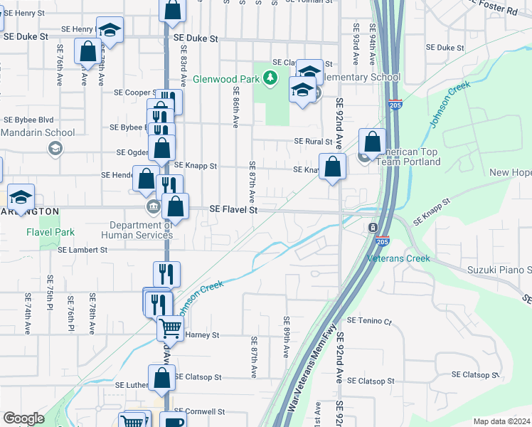 map of restaurants, bars, coffee shops, grocery stores, and more near 8824-8828 Southeast Flavel Court in Portland