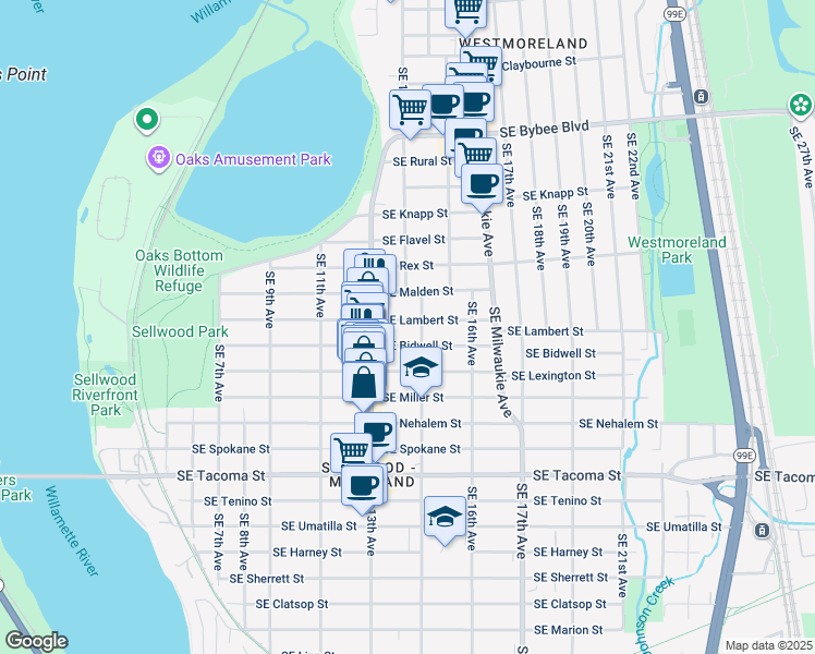 map of restaurants, bars, coffee shops, grocery stores, and more near 1345 Southeast Bidwell Street in Portland