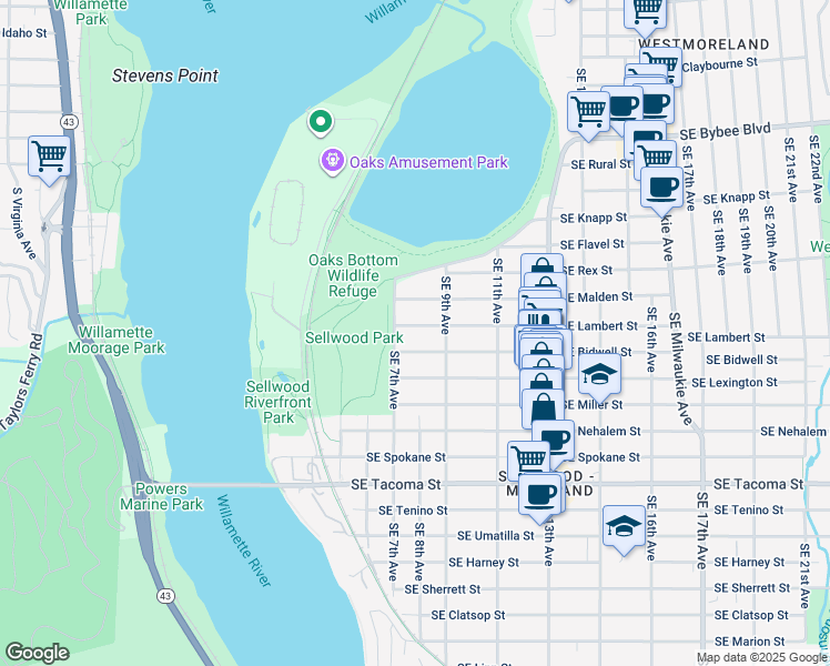map of restaurants, bars, coffee shops, grocery stores, and more near 745 Southeast Bidwell Street in Portland
