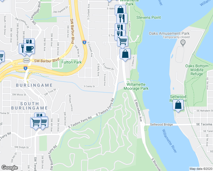 map of restaurants, bars, coffee shops, grocery stores, and more near 7705 South Fulton Park Place in Portland