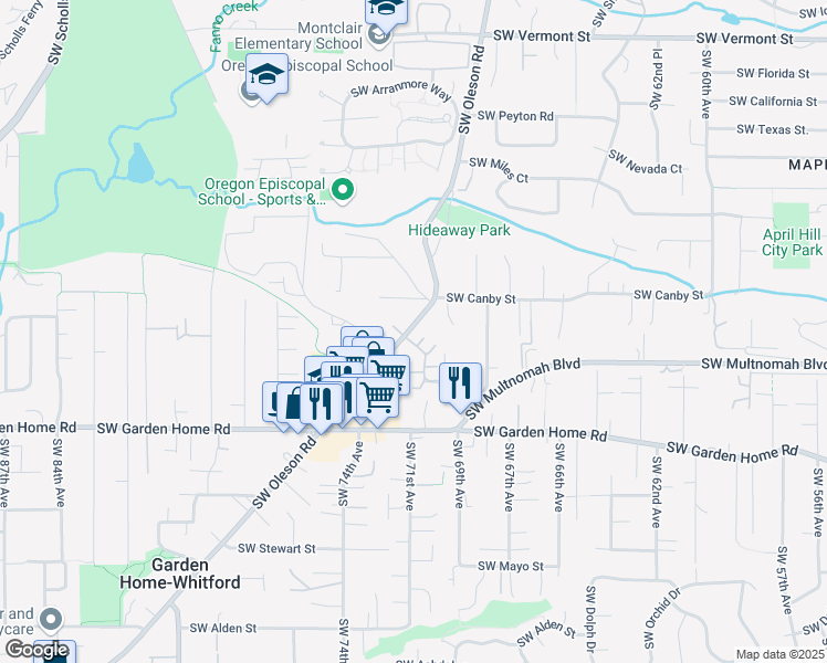 map of restaurants, bars, coffee shops, grocery stores, and more near 7164 Southwest Oleson Road in Portland