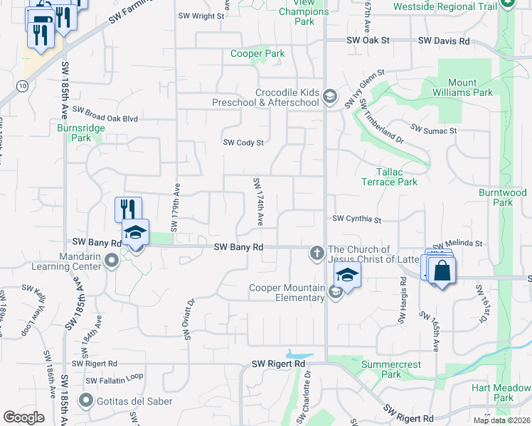 map of restaurants, bars, coffee shops, grocery stores, and more near 7165 Southwest 174th Avenue in Beaverton
