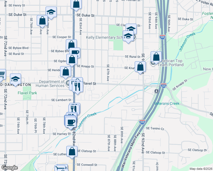 map of restaurants, bars, coffee shops, grocery stores, and more near 7515 Southeast 87th Avenue in Portland