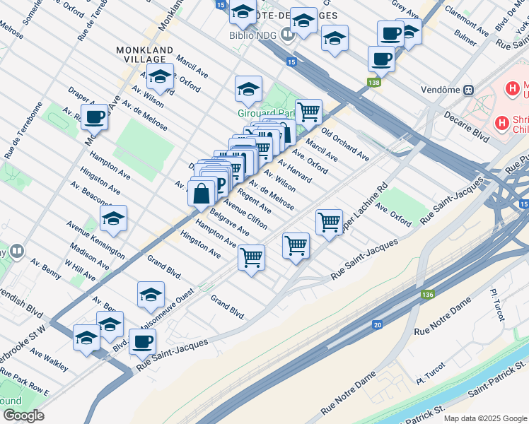 map of restaurants, bars, coffee shops, grocery stores, and more near 2262 Avenue Regent in Montréal