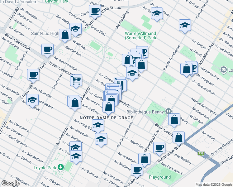 map of restaurants, bars, coffee shops, grocery stores, and more near 6455 Avenue Somerled in Montrã©Al
