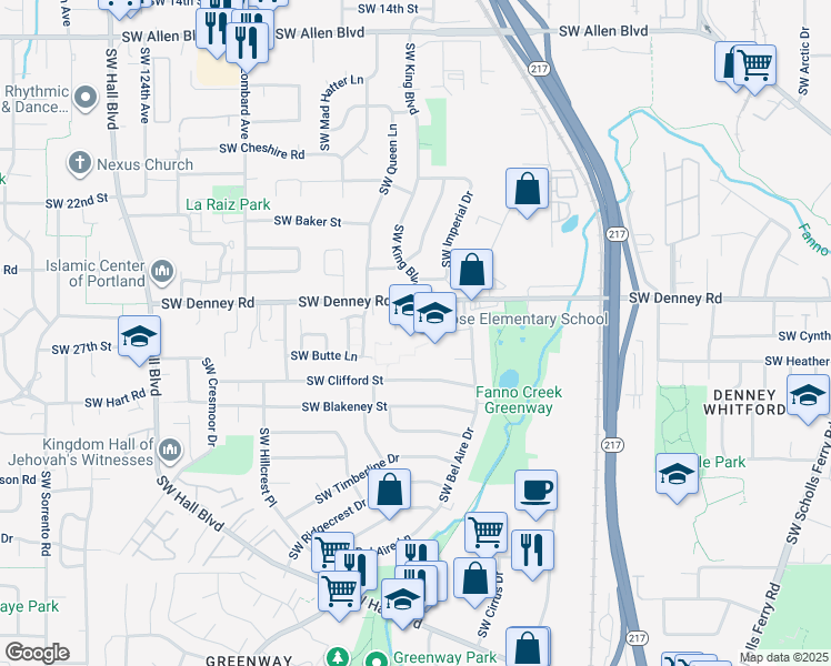 map of restaurants, bars, coffee shops, grocery stores, and more near 11350 Southwest Denney Road in Beaverton