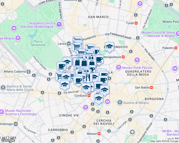 map of restaurants, bars, coffee shops, grocery stores, and more near 7 Via del Lauro in Milano