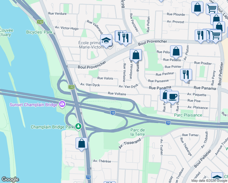 map of restaurants, bars, coffee shops, grocery stores, and more near 700 Rue Voltaire in Brossard