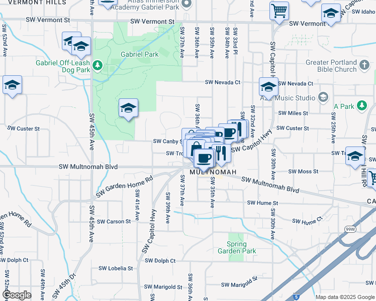 map of restaurants, bars, coffee shops, grocery stores, and more near 3636 Southwest Troy Street in Portland