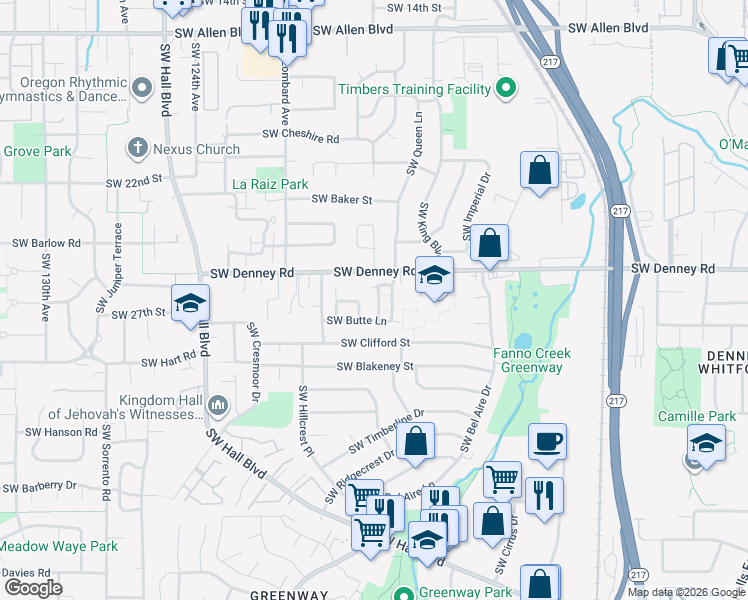 map of restaurants, bars, coffee shops, grocery stores, and more near 11575 Southwest Butte Lane in Beaverton