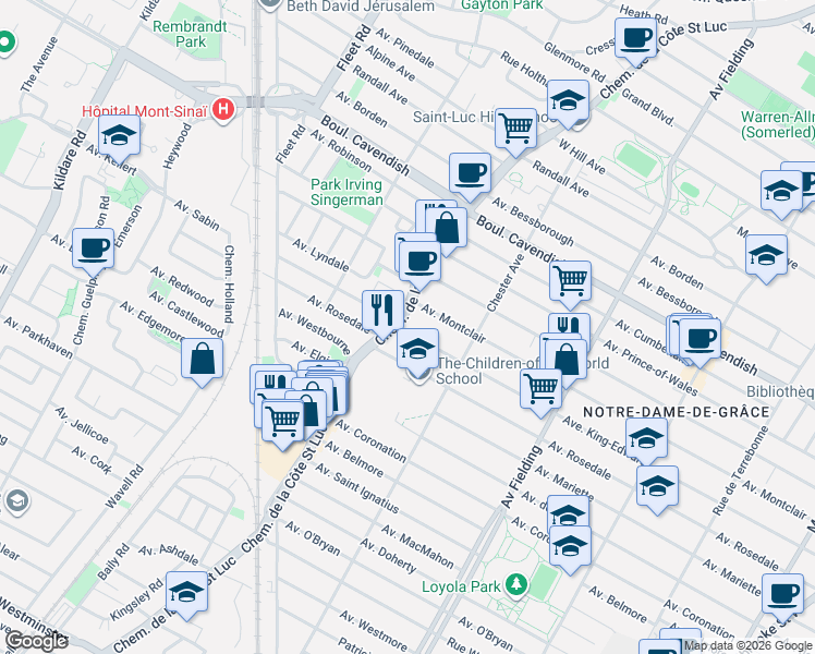 map of restaurants, bars, coffee shops, grocery stores, and more near 5455 Avenue King-Edward in Montrã©Al