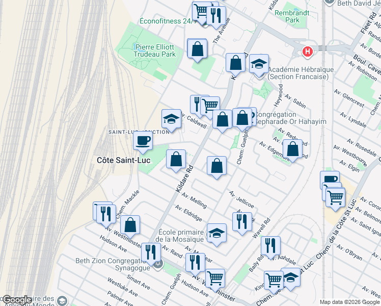 map of restaurants, bars, coffee shops, grocery stores, and more near 7351 Chemin Kildare in Montréal