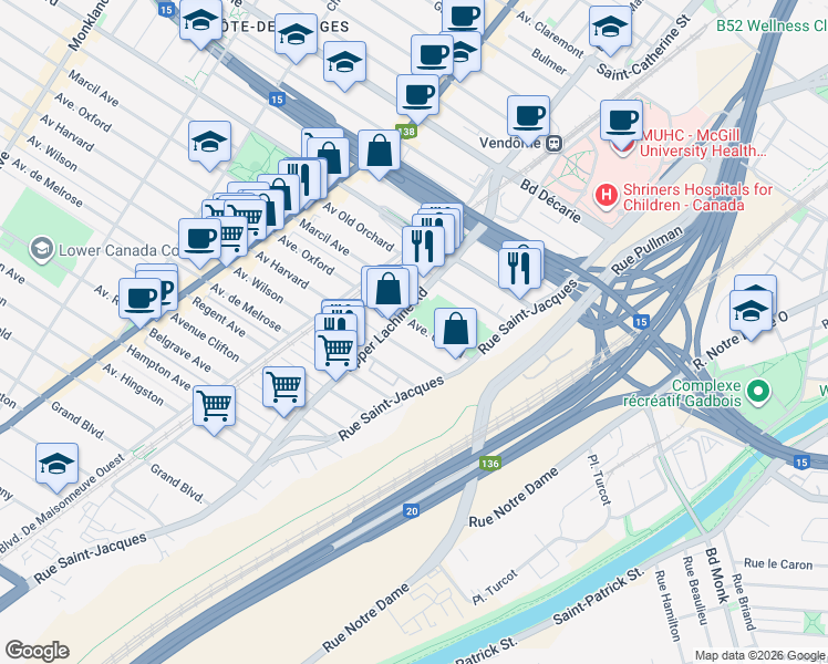 map of restaurants, bars, coffee shops, grocery stores, and more near in Montreal