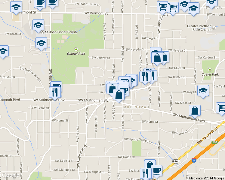 map of restaurants, bars, coffee shops, grocery stores, and more near 3636 Southwest Troy Street in Portland