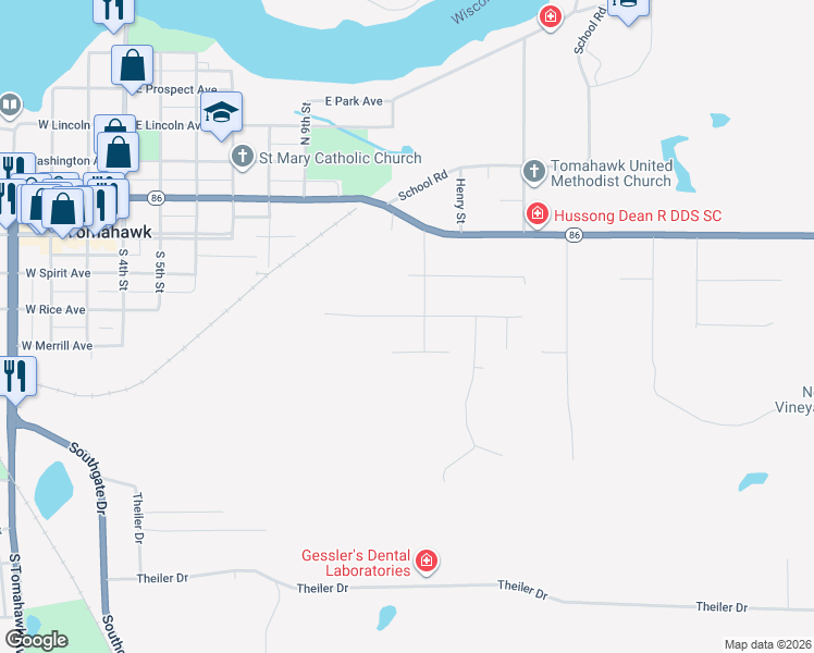 map of restaurants, bars, coffee shops, grocery stores, and more near 218 Charlotte Street in Tomahawk
