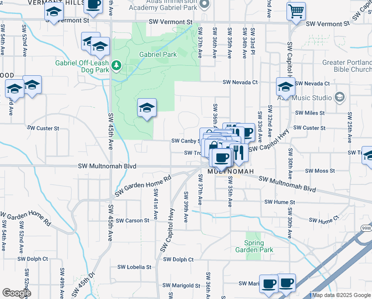 map of restaurants, bars, coffee shops, grocery stores, and more near 3833 Southwest Troy Street in Portland