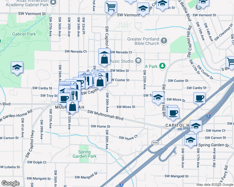map of restaurants, bars, coffee shops, grocery stores, and more near 2815 Southwest Troy Street in Portland