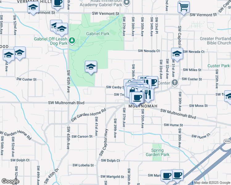 map of restaurants, bars, coffee shops, grocery stores, and more near 3833 Southwest Troy Street in Portland