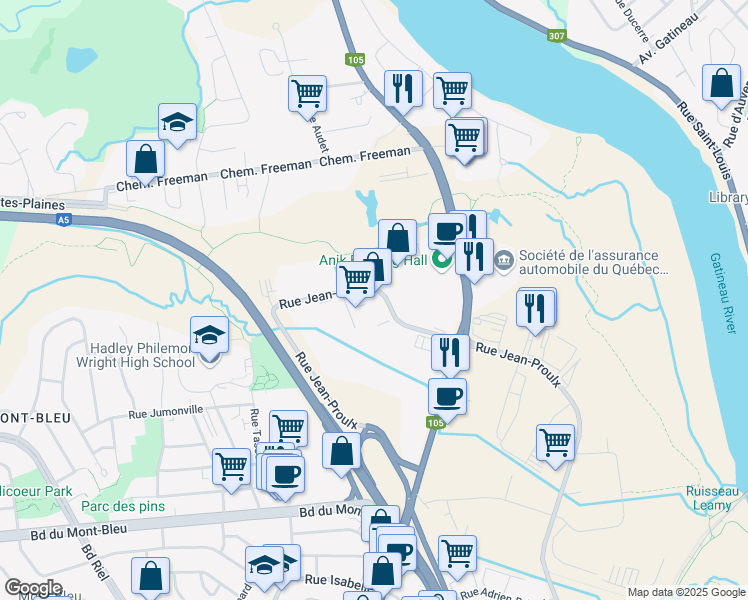 map of restaurants, bars, coffee shops, grocery stores, and more near 79 Rue Jean-Proulx in Gatineau