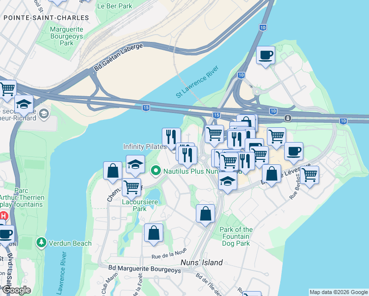 map of restaurants, bars, coffee shops, grocery stores, and more near 220 Chemin du Golf in Montréal