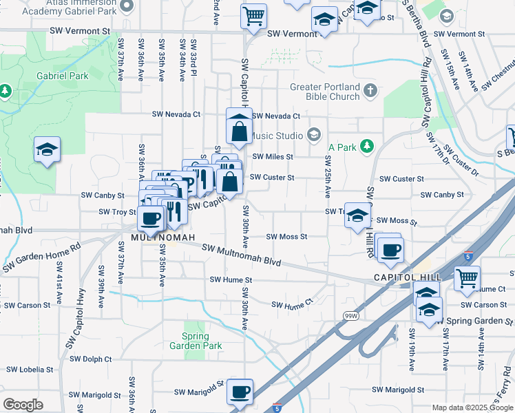map of restaurants, bars, coffee shops, grocery stores, and more near 7816 Southwest 30th Avenue in Portland