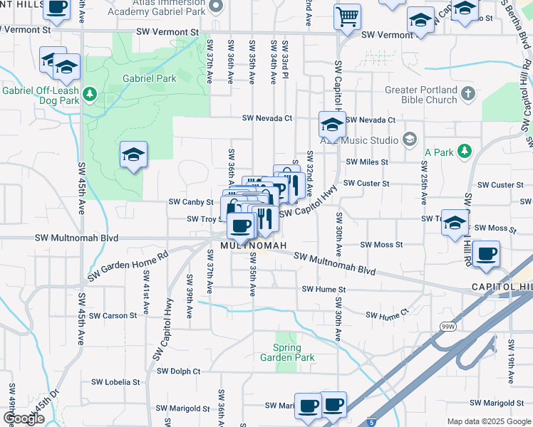 map of restaurants, bars, coffee shops, grocery stores, and more near 7764 Southwest Capitol Highway in Portland