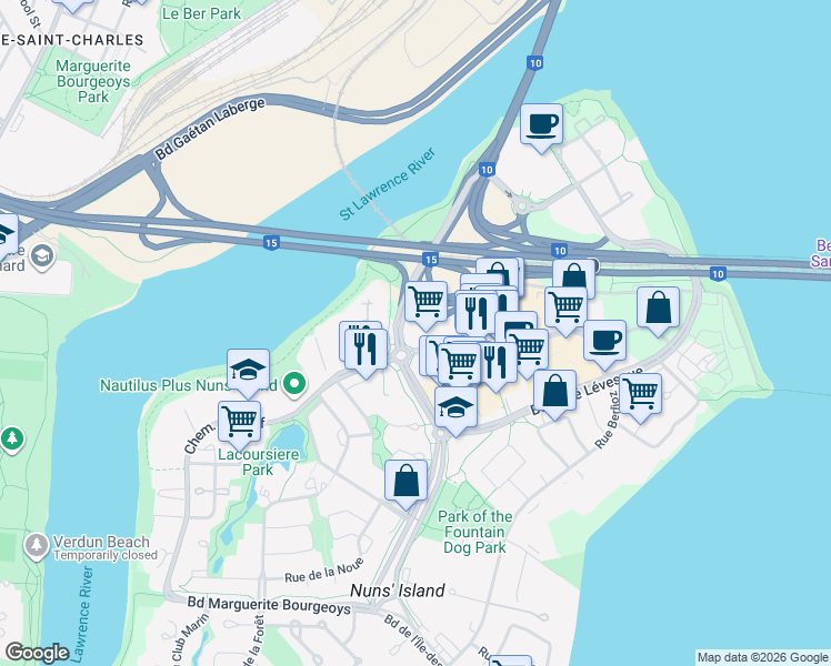 map of restaurants, bars, coffee shops, grocery stores, and more near in Montreal