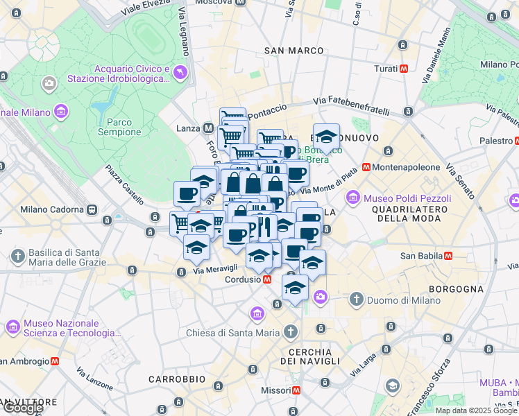 map of restaurants, bars, coffee shops, grocery stores, and more near 9 Via del Lauro in Milano