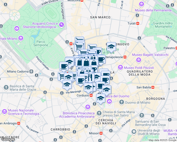 map of restaurants, bars, coffee shops, grocery stores, and more near 9 Via del Lauro in Milano