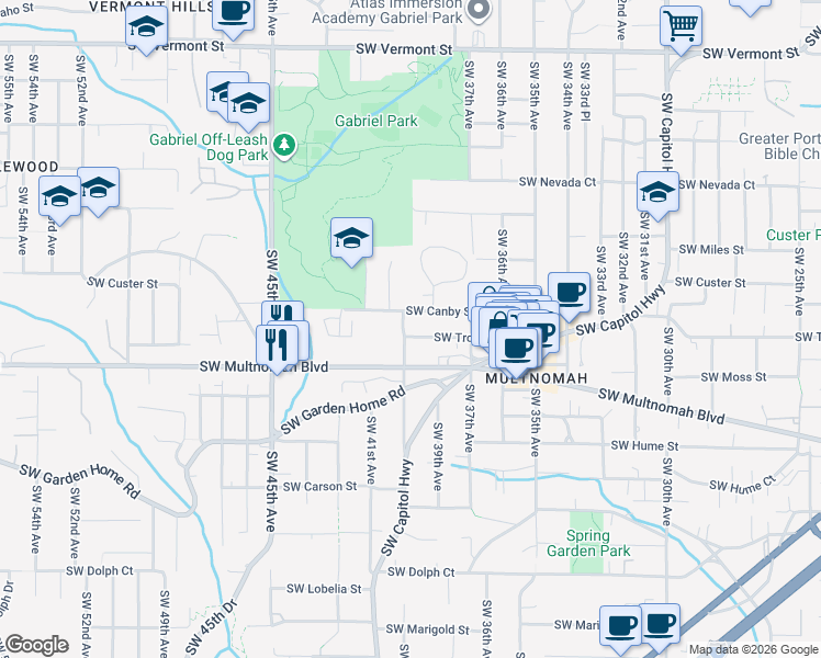 map of restaurants, bars, coffee shops, grocery stores, and more near 7730 Southwest 40th Avenue in Portland