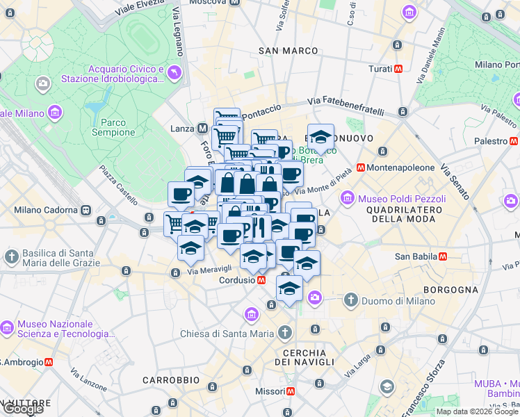 map of restaurants, bars, coffee shops, grocery stores, and more near 7 Via del Lauro in Milano