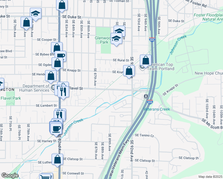 map of restaurants, bars, coffee shops, grocery stores, and more near 8932 Southeast Flavel Street in Portland