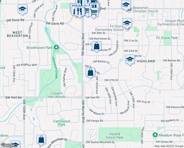map of restaurants, bars, coffee shops, grocery stores, and more near 14395 Southwest 27th Court in Beaverton
