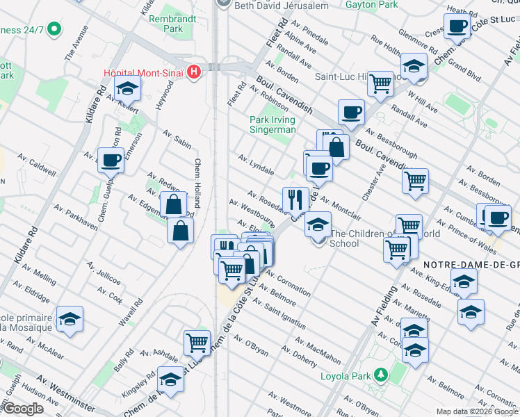 map of restaurants, bars, coffee shops, grocery stores, and more near 5513 Avenue Westbourne in Montréal