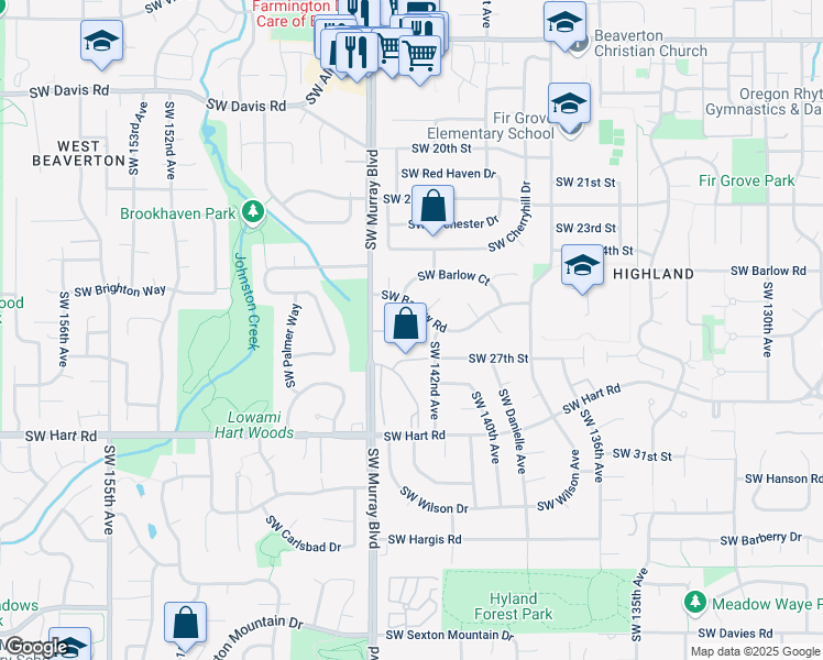 map of restaurants, bars, coffee shops, grocery stores, and more near 14395 Southwest 27th Court in Beaverton