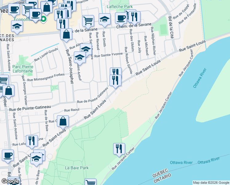 map of restaurants, bars, coffee shops, grocery stores, and more near 848 Rue Saint-Louis in Gatineau